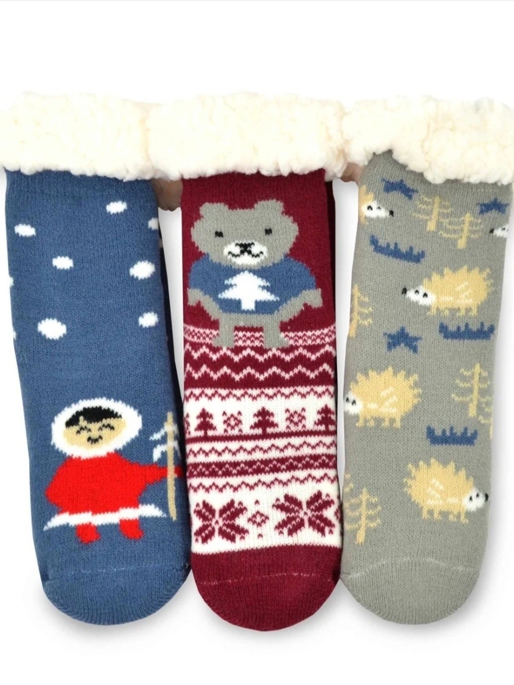 Kids Plush-Lined Character Winter Socks - Blue, Red, Gray